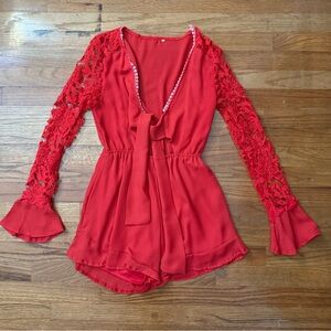 2/$15 | Elegant Orange Red Long Sleeve Lace Romper